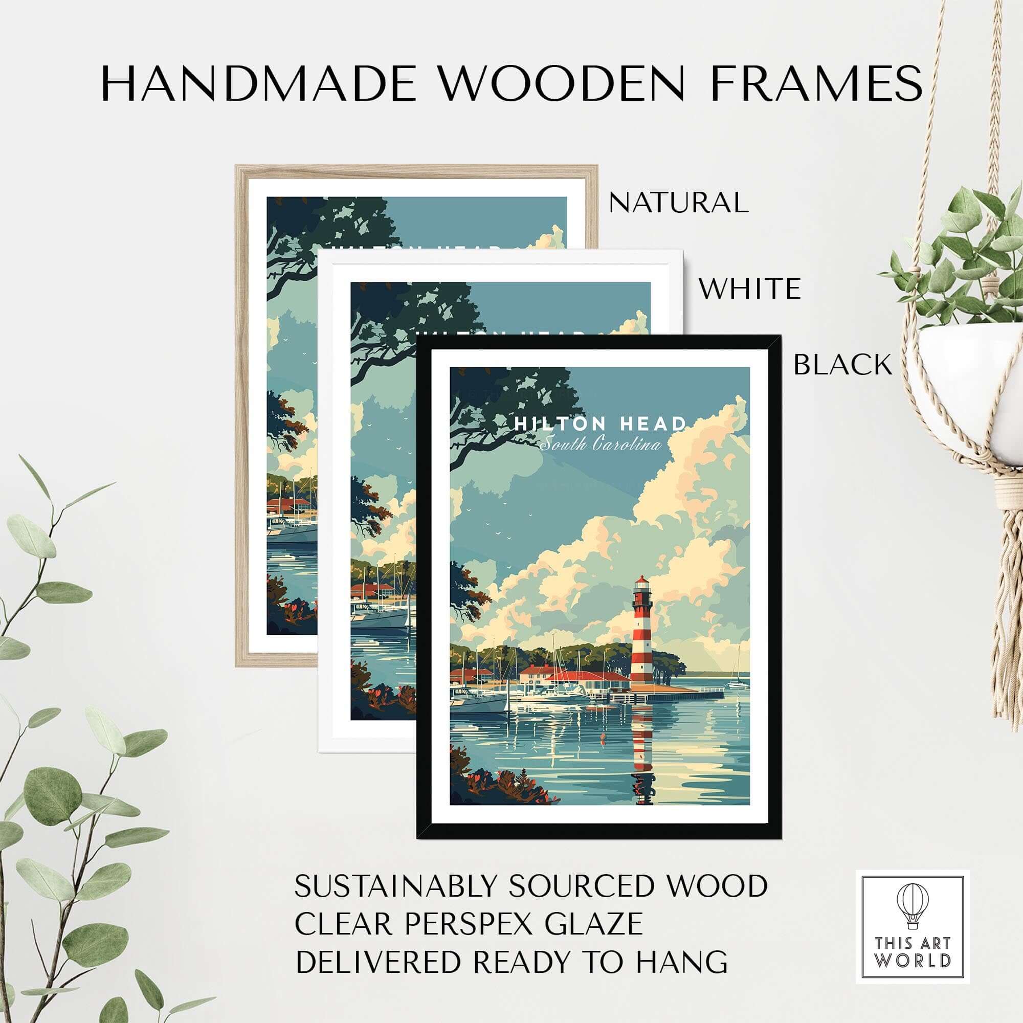 Hilton Head Poster in handmade wooden frames: natural, white, and black options, showcasing coastal decor.