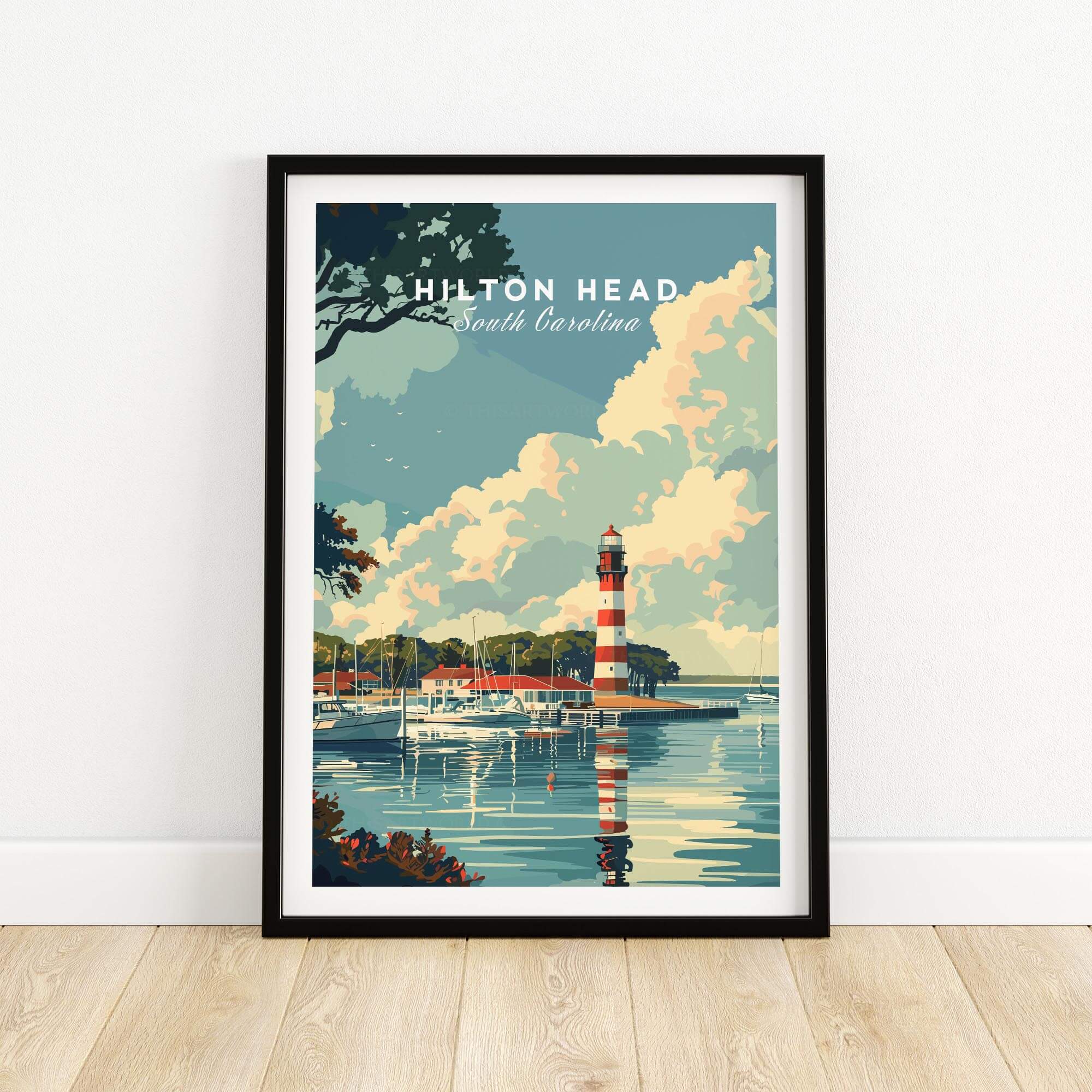 Hilton Head Poster showcasing a lighthouse on Hilton Head Island, South Carolina with beautiful coastal scenery.