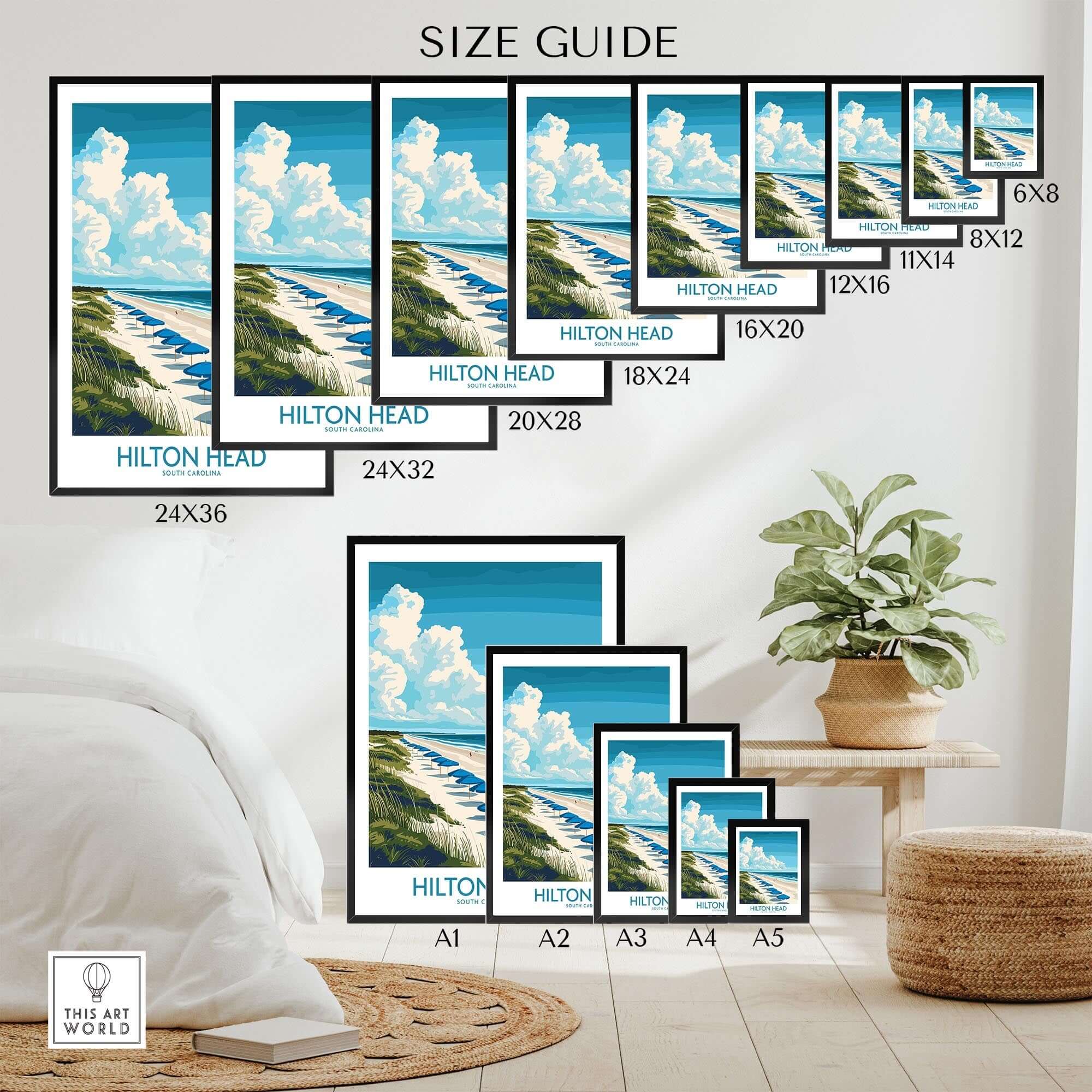 Size guide for Hilton Head Travel Poster prints displayed in various dimensions.