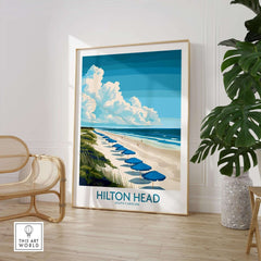Hilton Head Travel Poster featuring a scenic beach view with umbrellas and clouds, perfect for coastal decor.