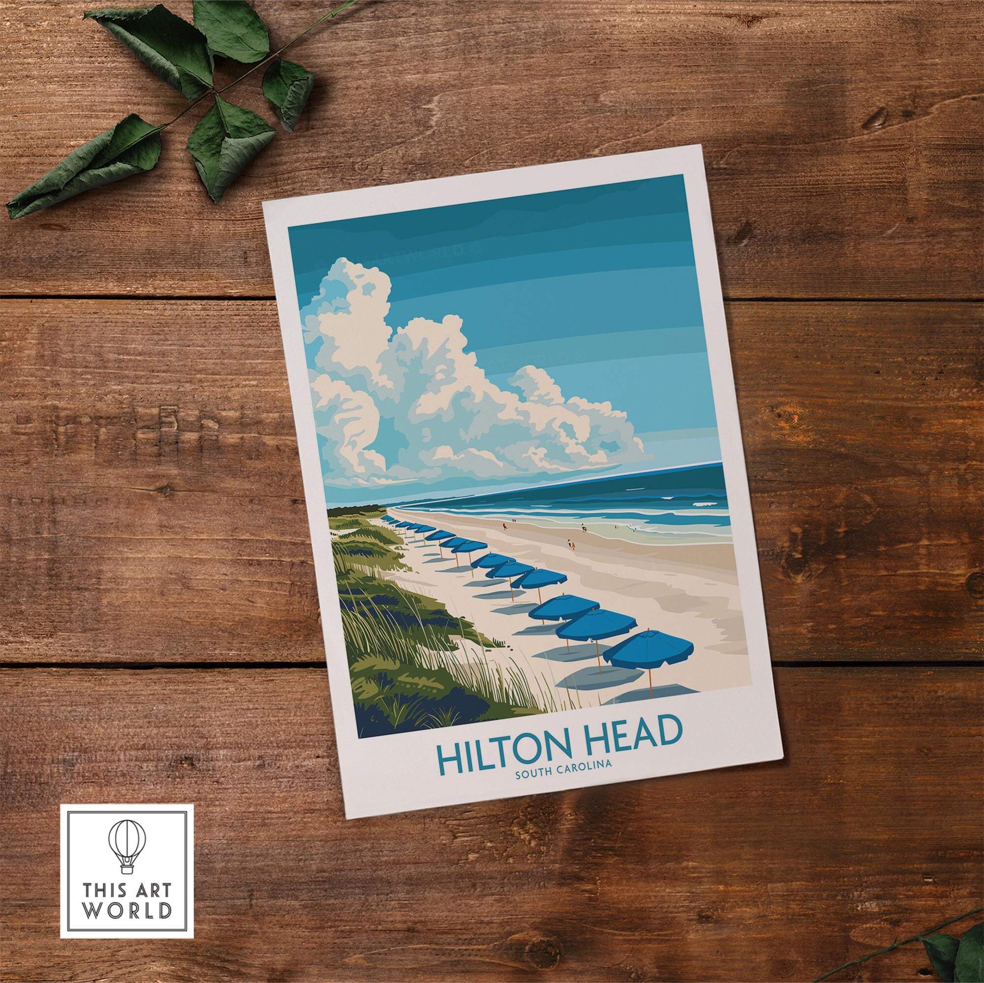 Hilton Head Travel Poster showcasing a scenic beach view with umbrellas, perfect for travel lovers.