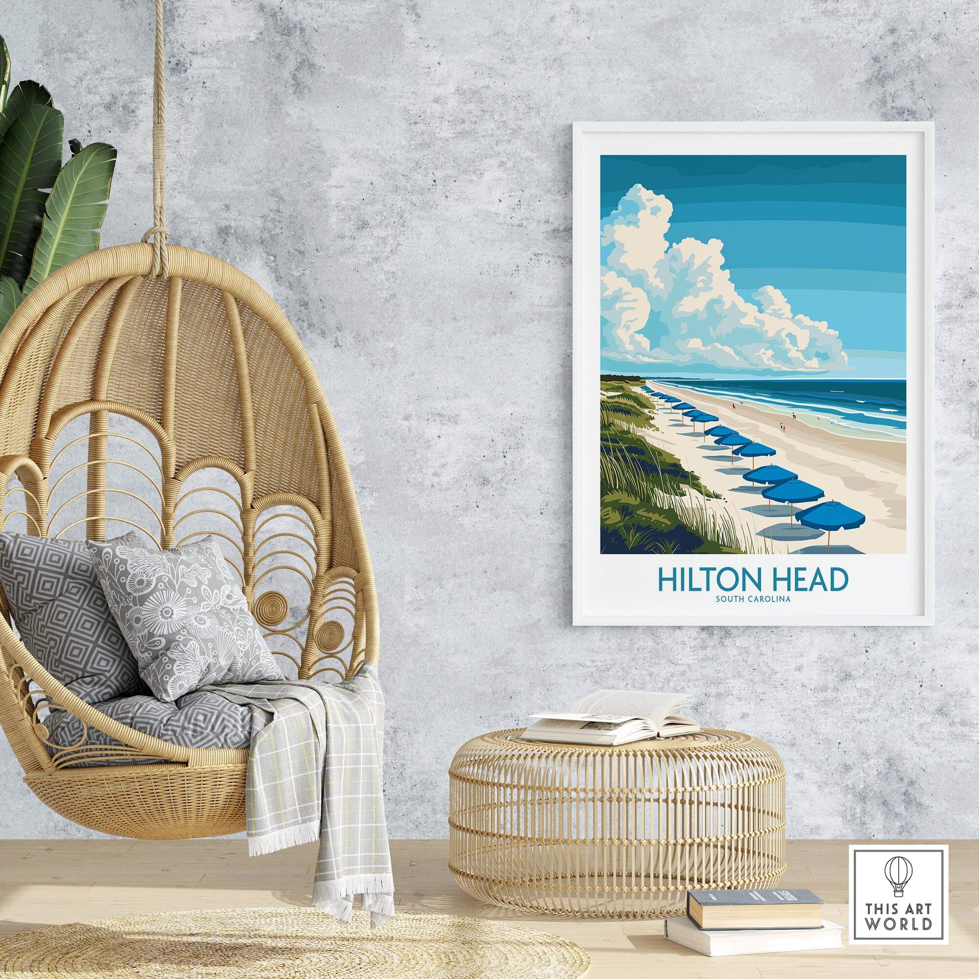 Hilton Head Travel Poster showcasing a scenic beach view with umbrellas, perfect for coastal decor.