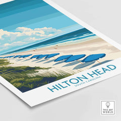 Hilton Head Travel Poster showcasing a beach scene with umbrellas and a clear blue sky, perfect for coastal decor.