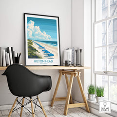 Hilton Head Travel Poster showcasing a scenic beach view, perfect wall decor for travel lovers and coastal beauty enthusiasts.