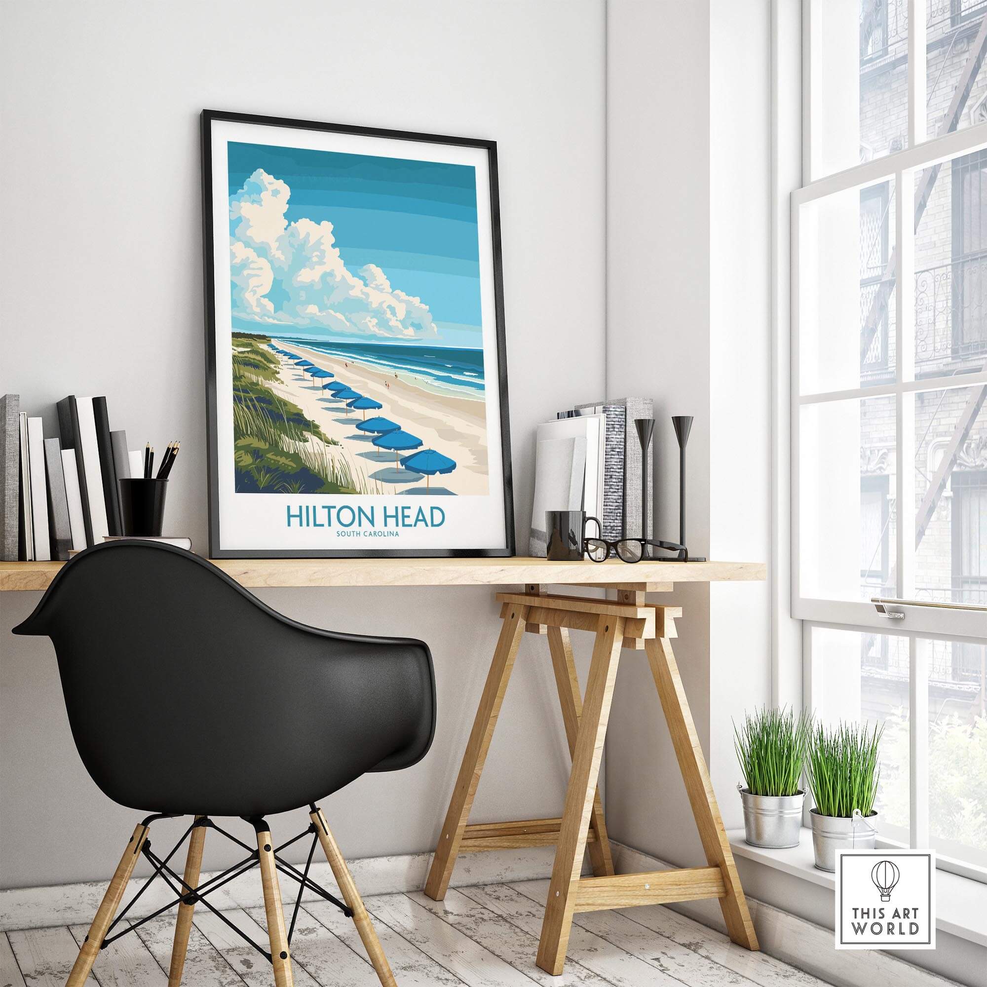 Hilton Head Travel Poster showcasing a scenic beach view, perfect wall decor for travel lovers and coastal beauty enthusiasts.