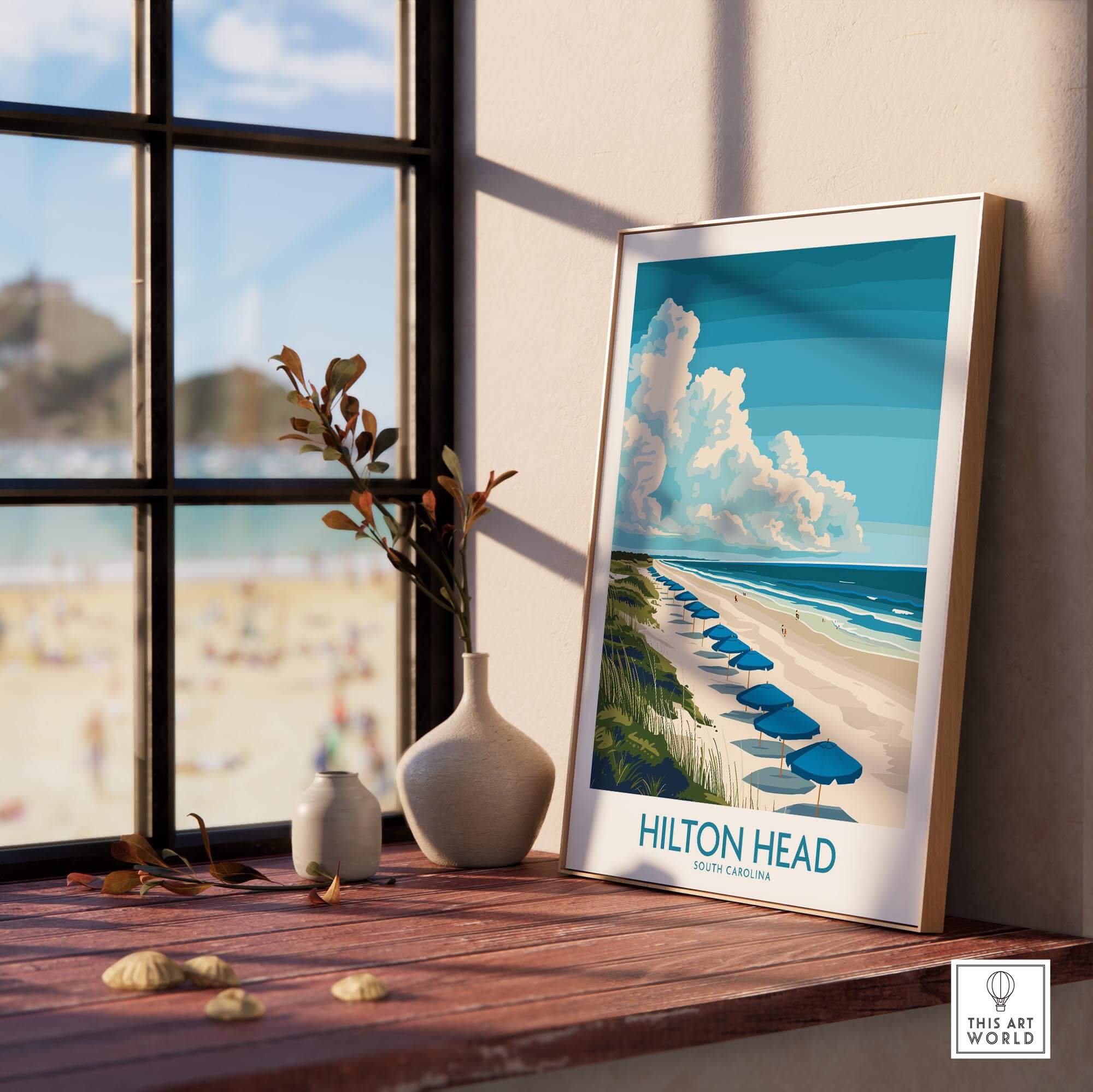 Hilton Head Travel Poster featuring a beautiful beach view, perfect for coastal decor and travel enthusiasts.