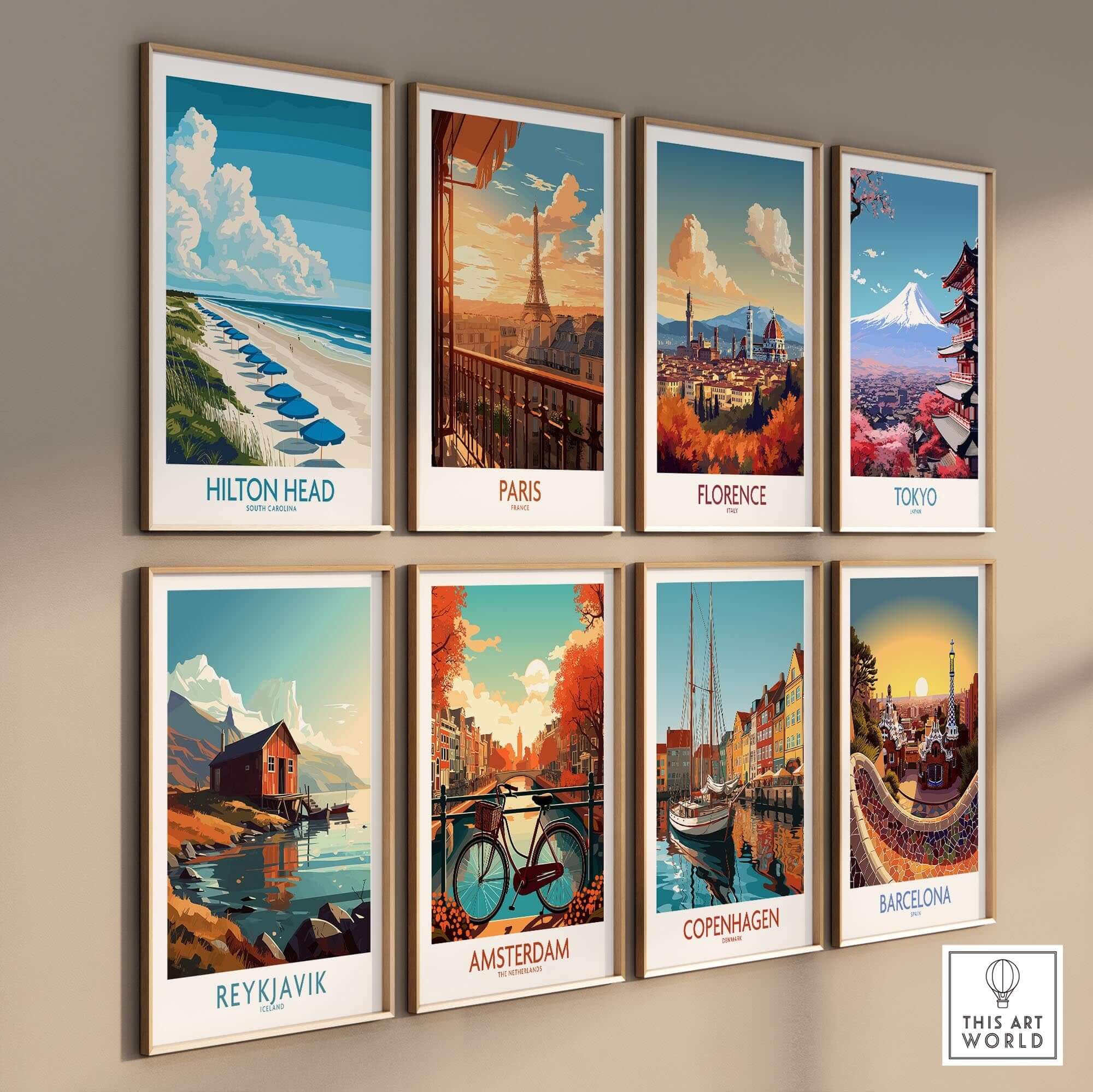 Hilton Head Travel Poster and various city travel prints on a gallery wall showcasing scenic destinations.