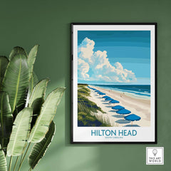 Hilton Head Travel Poster featuring a scenic beach view with umbrellas and lush greenery in South Carolina.