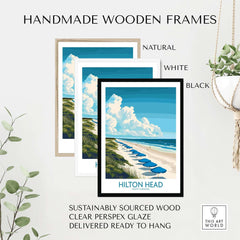 Hilton Head Travel Poster displayed in handmade wooden frames in natural, white, and black options.