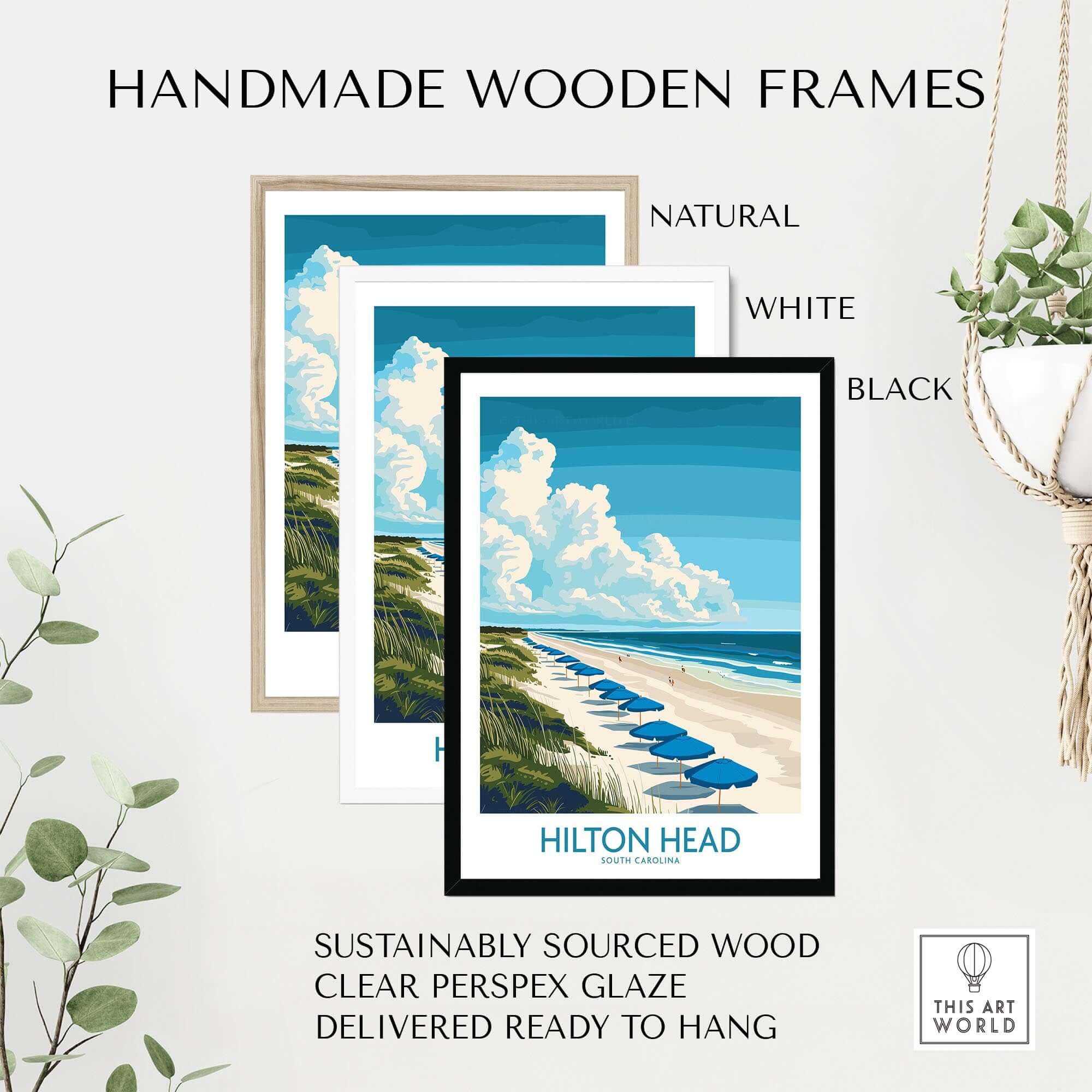 Hilton Head Travel Poster displayed in handmade wooden frames in natural, white, and black options.
