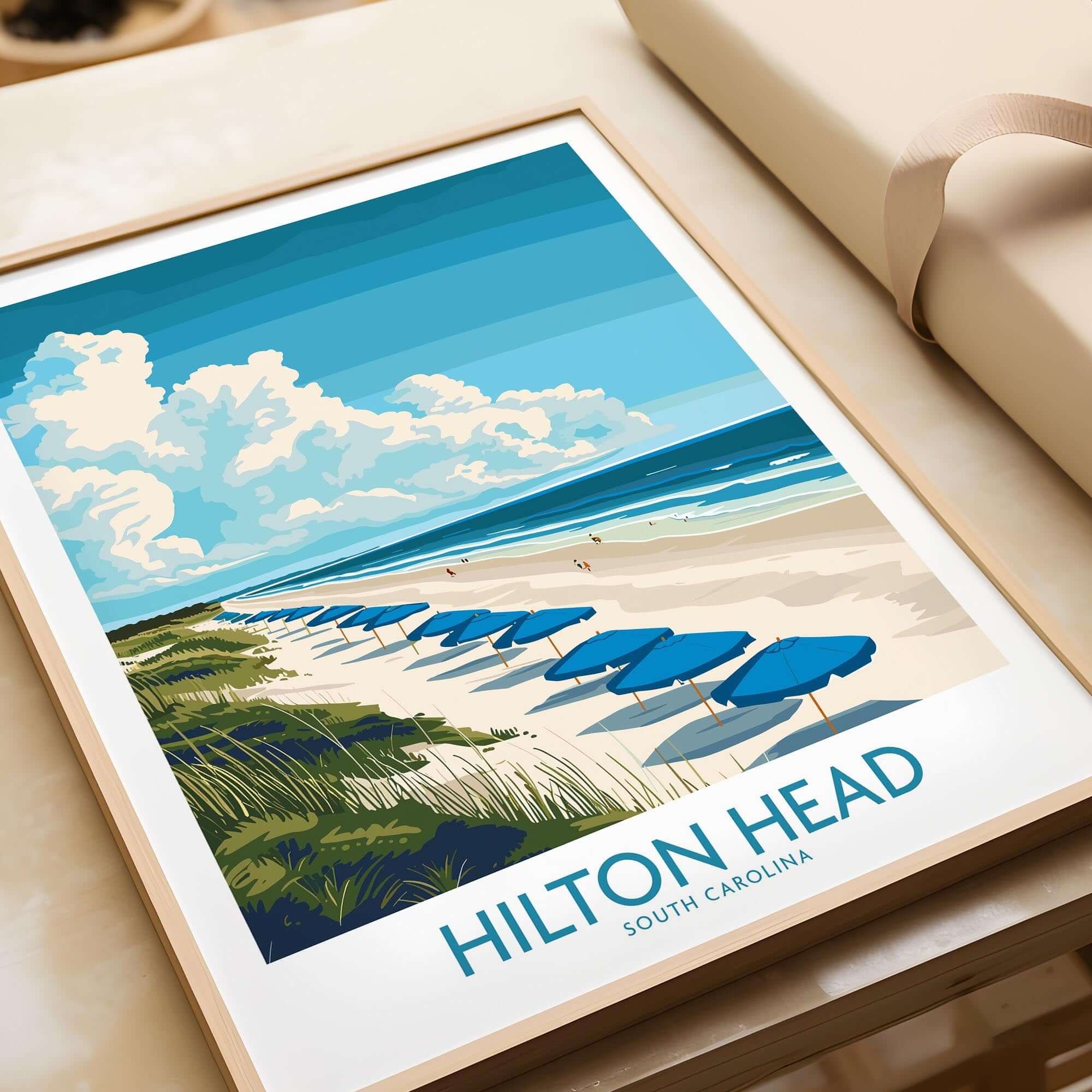Hilton Head Travel Poster featuring a scenic beach view with blue umbrellas and coastal beauty.