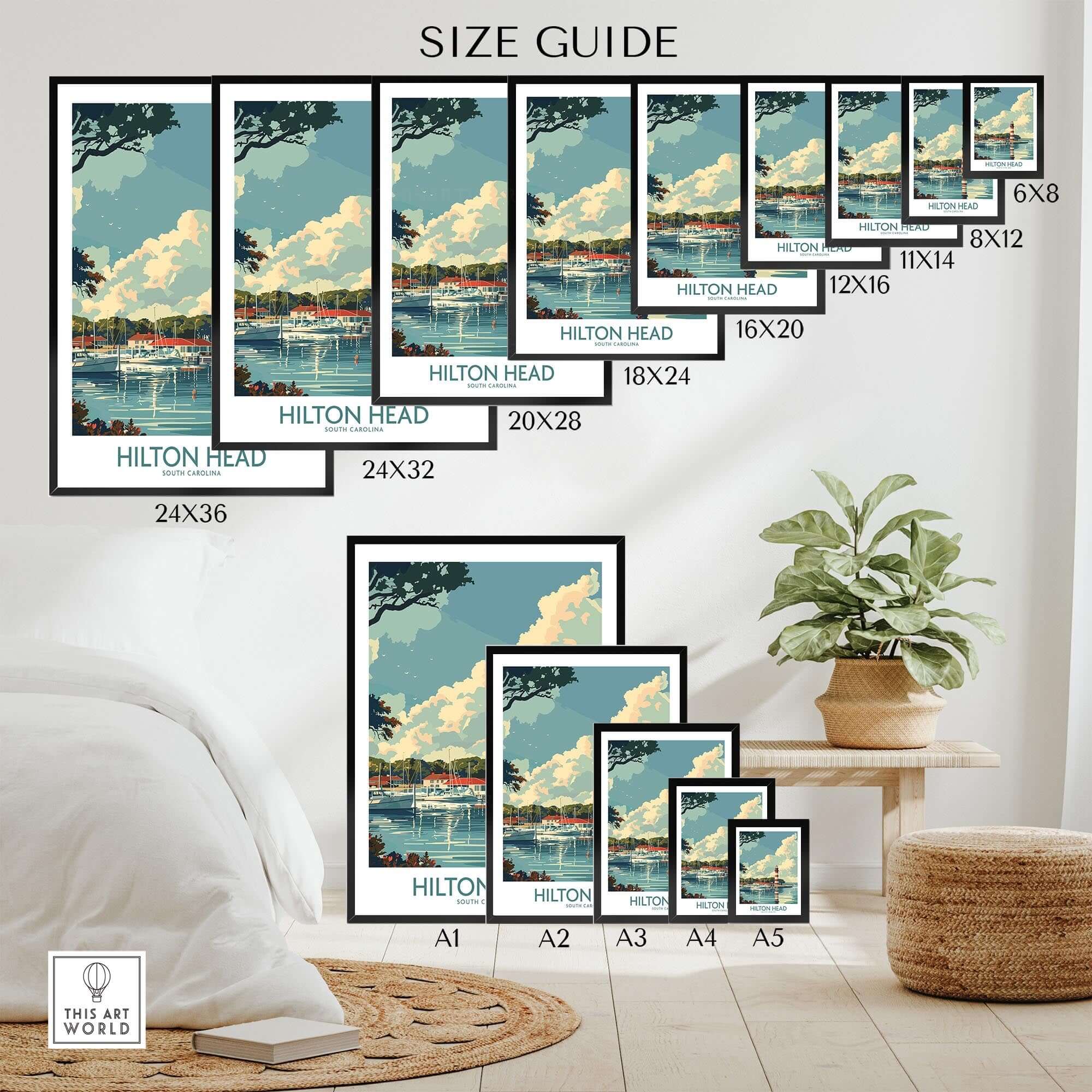 Hilton Head Travel Print size guide showcasing various frame sizes for coastal wall art.