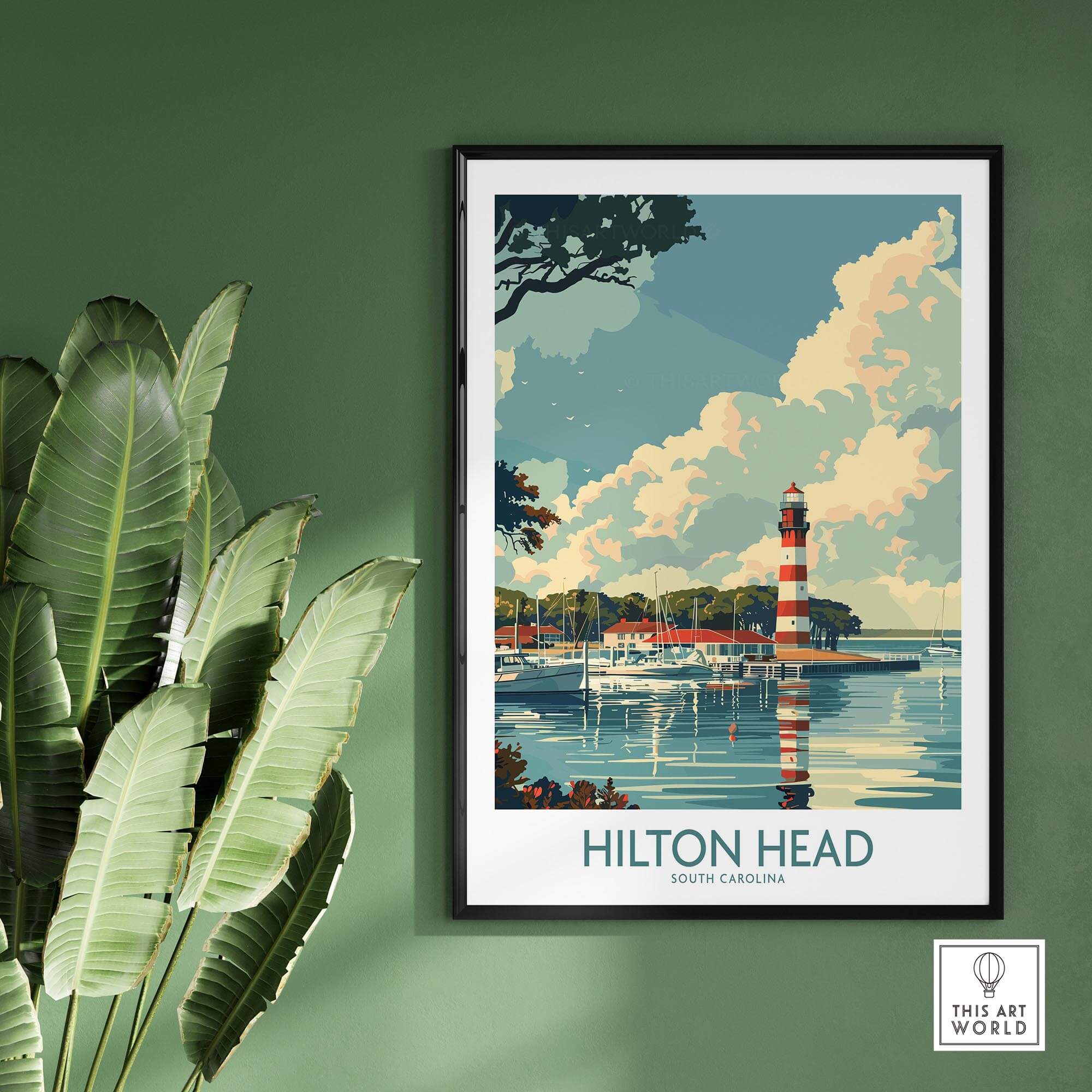 Hilton Head Travel Print featuring an iconic lighthouse and coastal scenery.