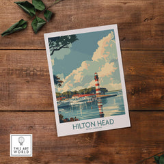 Hilton Head Travel Print featuring iconic lighthouse against a scenic coastal background in South Carolina.