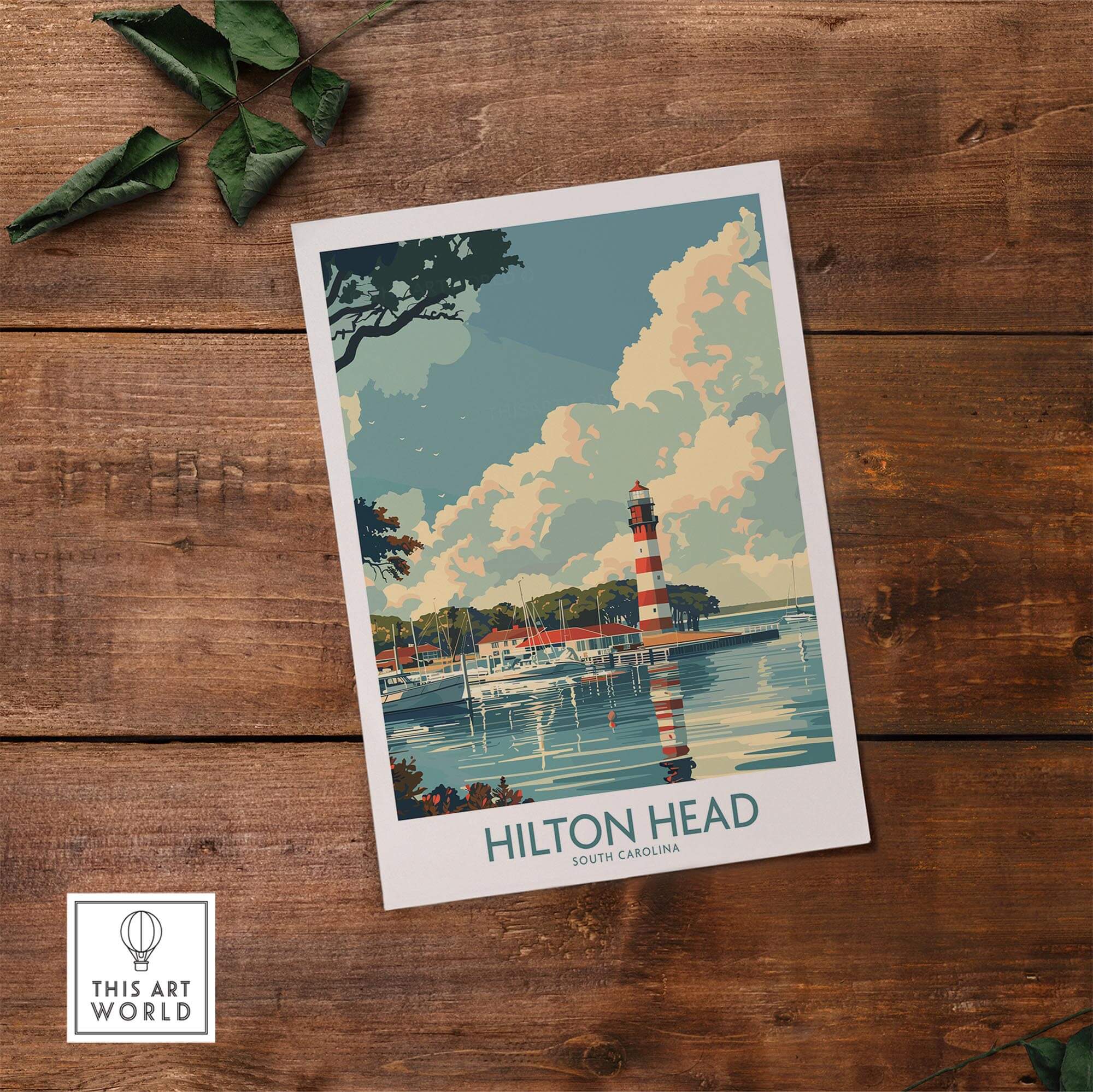 Hilton Head Travel Print featuring iconic lighthouse against a scenic coastal background in South Carolina.