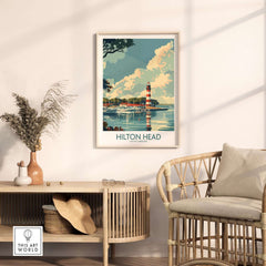Hilton Head Travel Print showcasing a vibrant lighthouse and coastal scene, perfect for home decor.