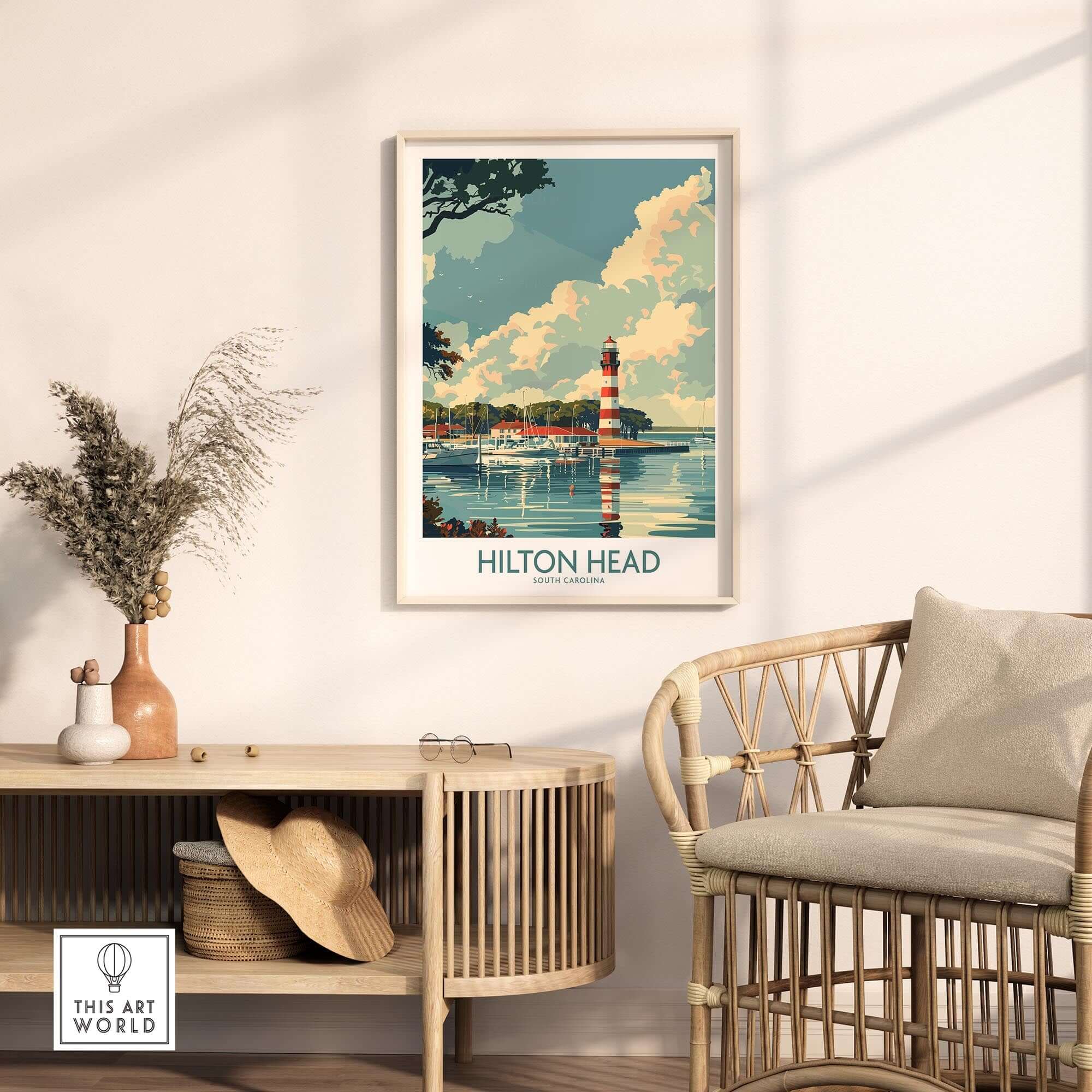 Hilton Head Travel Print showcasing a vibrant lighthouse and coastal scene, perfect for home decor.