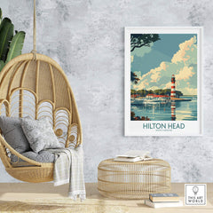 Hilton Head Travel Print showcasing a vibrant lighthouse and coastal scenery for home decor inspiration.