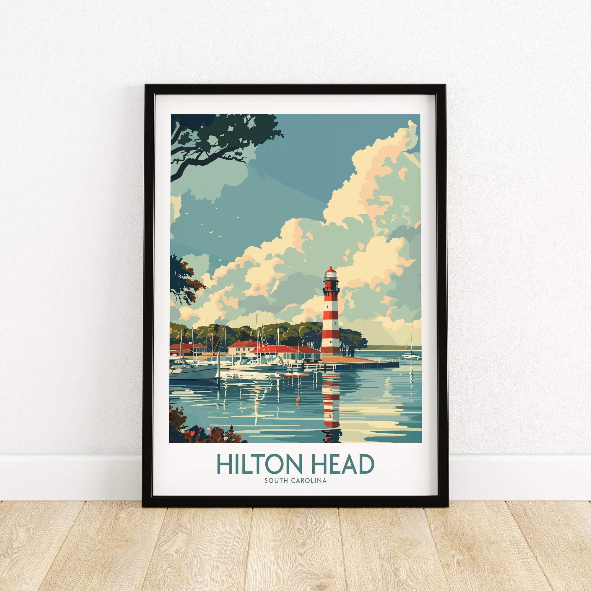 Hilton Head Travel Print featuring the iconic lighthouse in South Carolina, perfect for coastal charm decor.