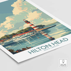 Hilton Head Travel Print showcasing a lighthouse and marina scene in South Carolina.