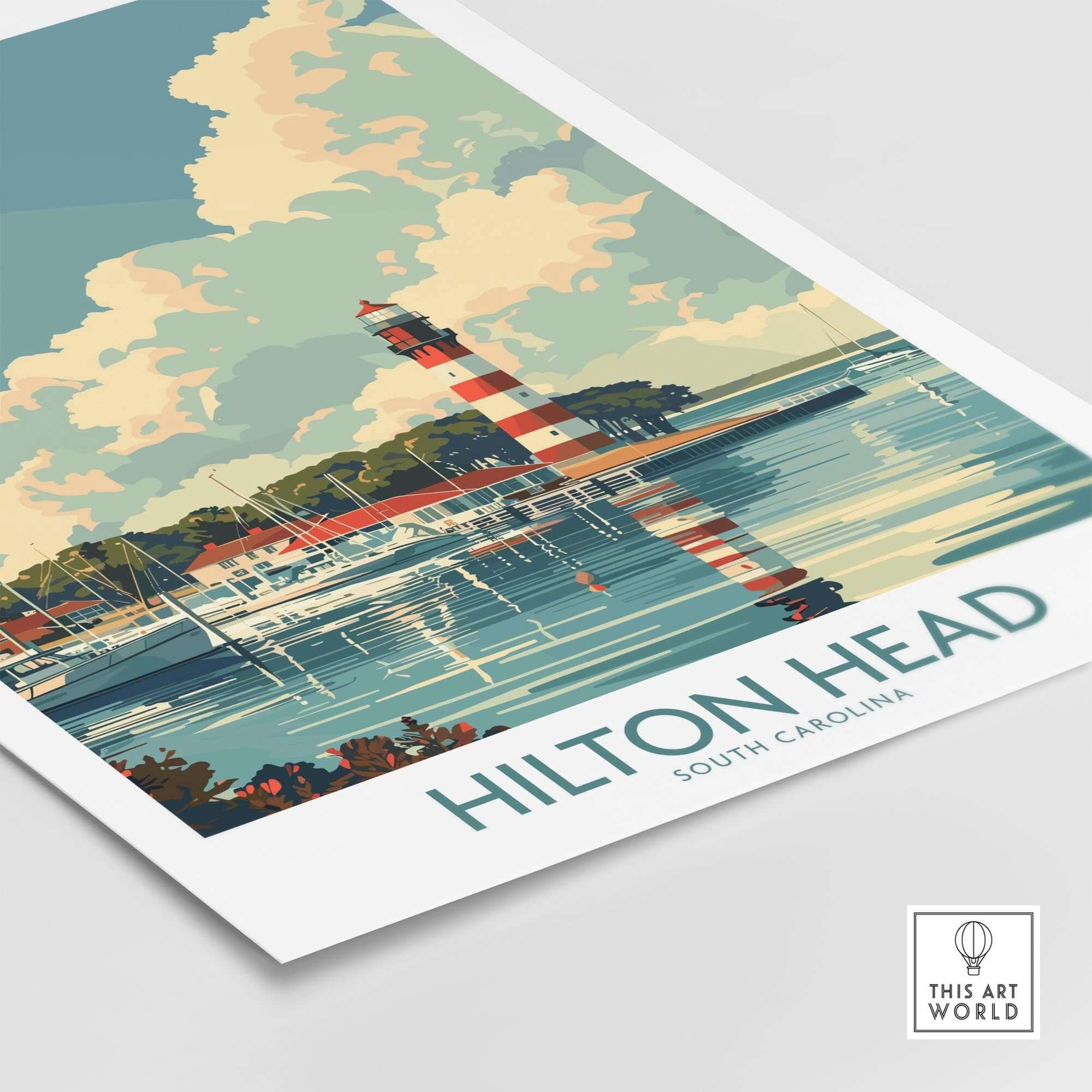 Hilton Head Travel Print showcasing a lighthouse and marina scene in South Carolina.