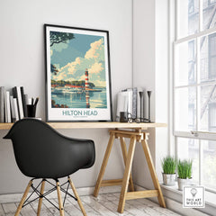 Hilton Head Travel Print showcasing a lighthouse, perfect for adding coastal charm to any room.