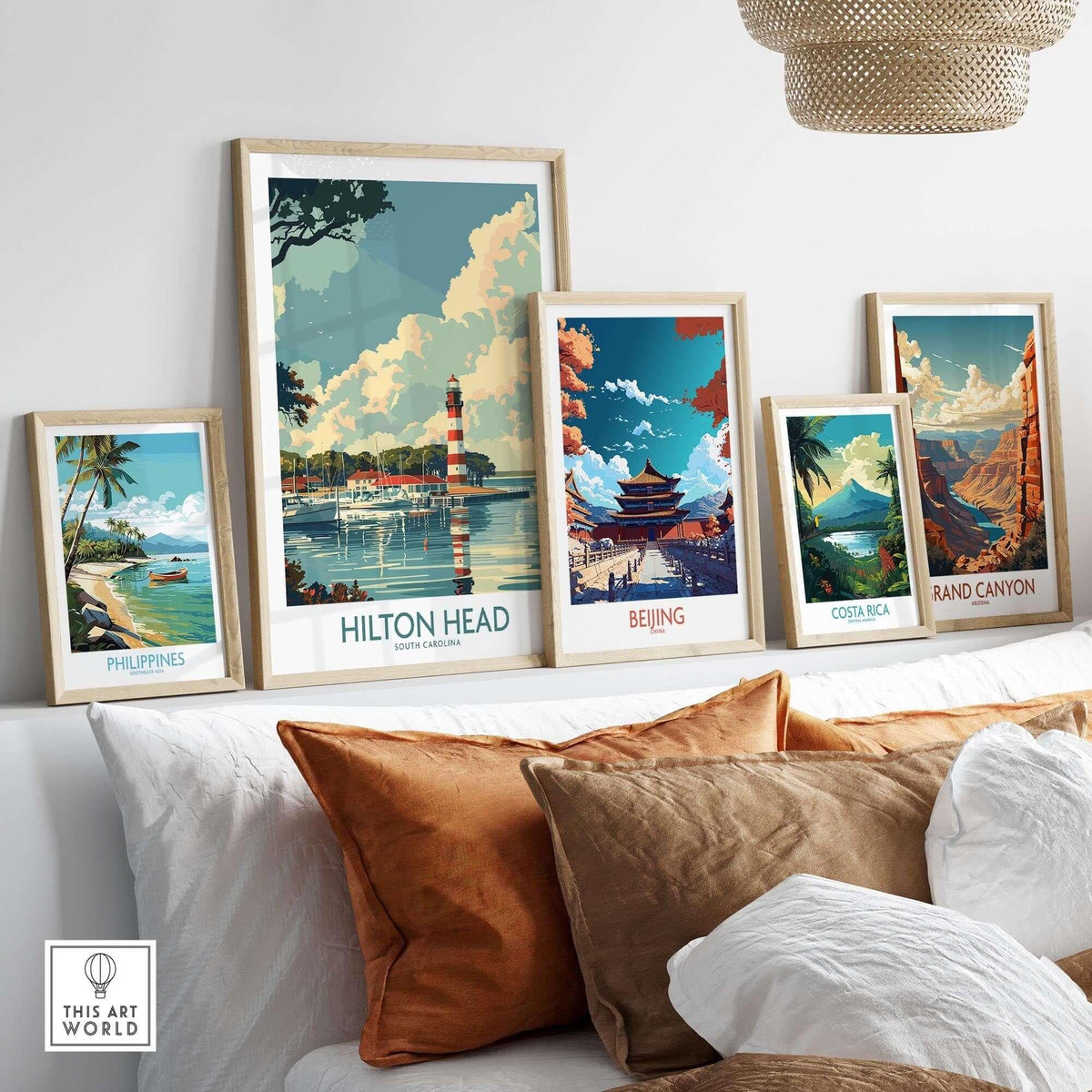 Hilton Head Travel Print displayed among travel-themed artwork, highlighting coastal and city landscapes.