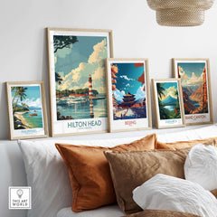 Hilton Head Travel Print displayed among travel-themed artwork, highlighting coastal and city landscapes.