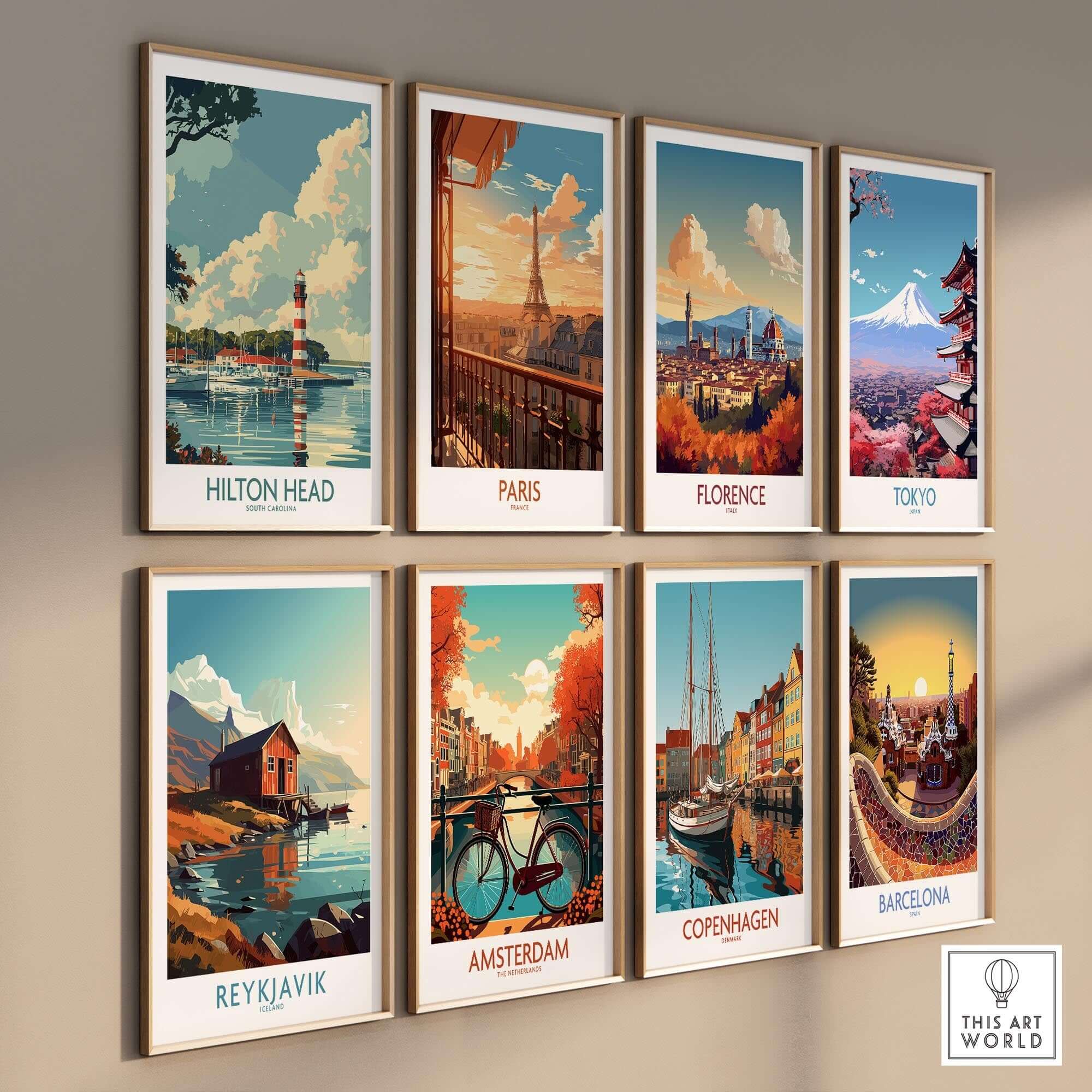 Hilton Head Travel Print among other iconic city travel prints displayed on a wall.