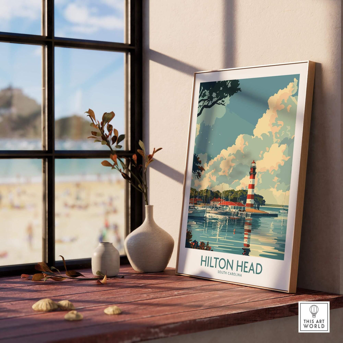 Hilton Head Travel Print showcasing a lighthouse with coastal scenery, perfect for beach lovers and travel enthusiasts.