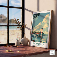 Hilton Head Travel Print showcasing a lighthouse with coastal scenery, perfect for beach lovers and travel enthusiasts.