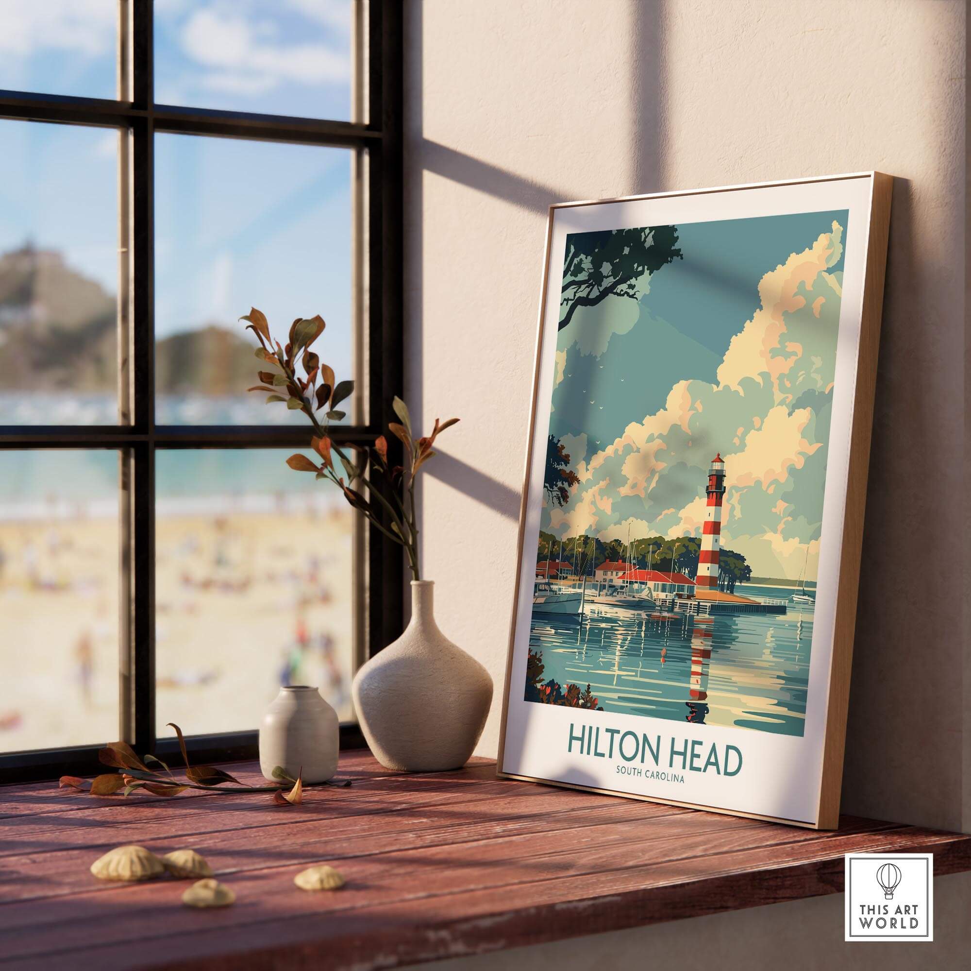 Hilton Head Travel Print showcasing a lighthouse with coastal scenery, perfect for beach lovers and travel enthusiasts.