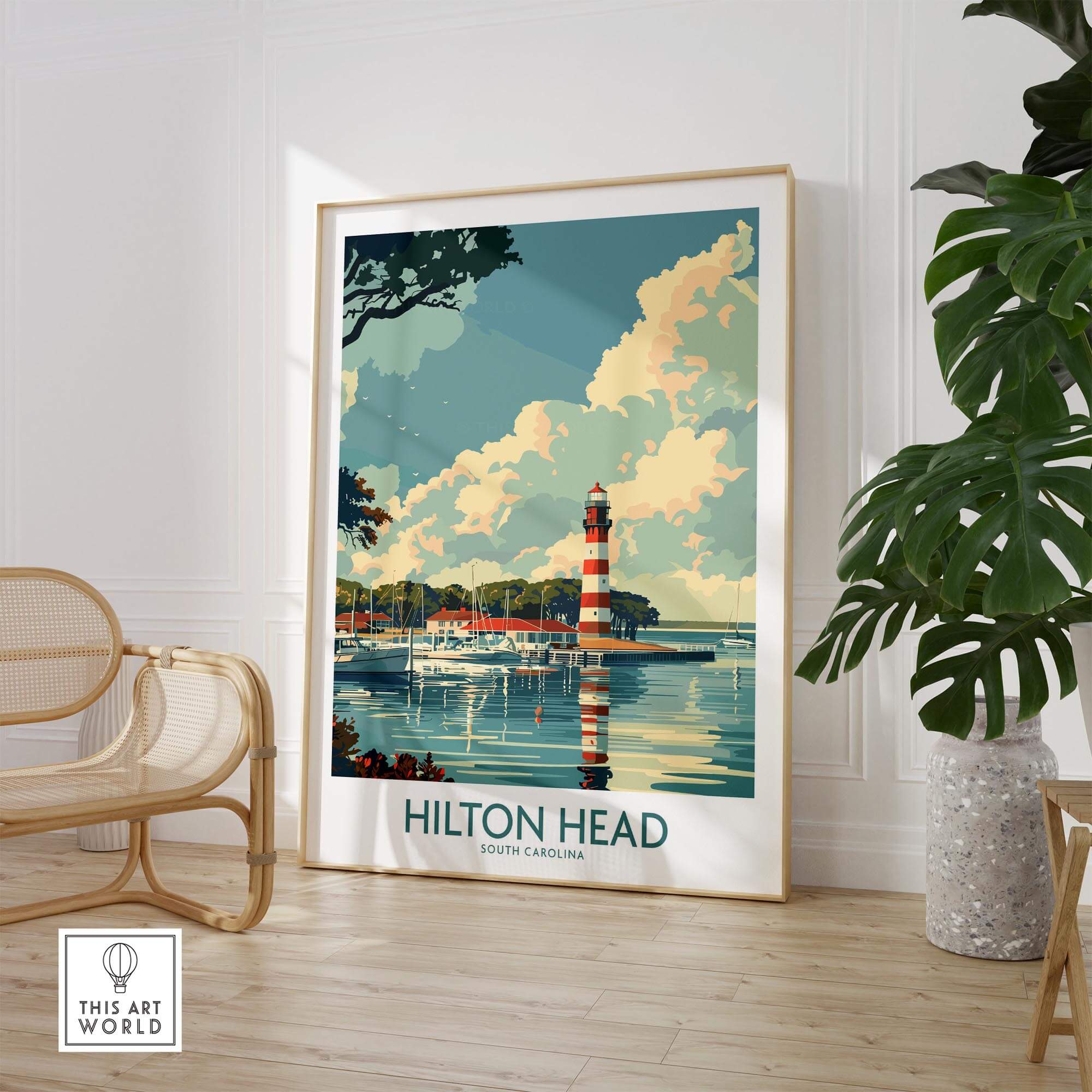 Hilton Head Travel Print featuring a lighthouse, coastal charm artwork for home or office decor, South Carolina.