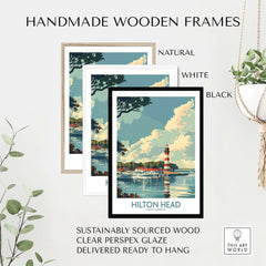 Hilton Head Travel Print displayed in handmade wooden frames in natural, white, and black colors.