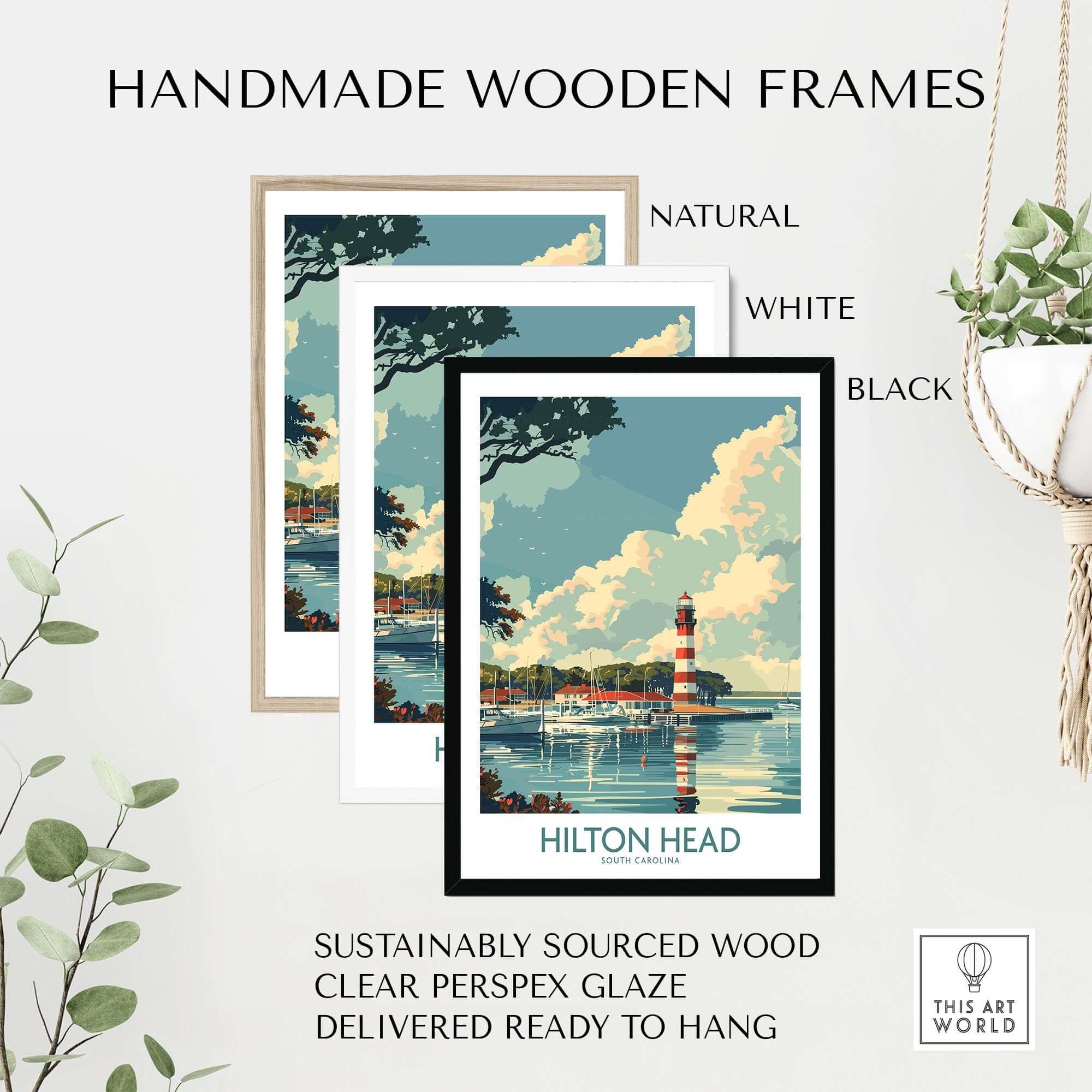 Hilton Head Travel Print displayed in handmade wooden frames in natural, white, and black colors.