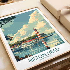 Hilton Head Travel Print featuring a lighthouse and boats, perfect for coastal decor, South Carolina.