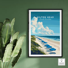 Hilton Head Wall Art Print featuring serene beach, blue umbrellas, and beautiful ocean scenery of South Carolina.