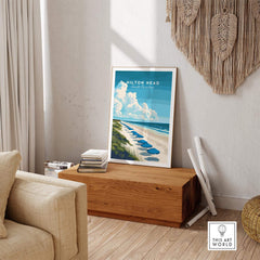 Hilton Head Wall Art Print featuring a serene beach and ocean view in a cozy living room setting.