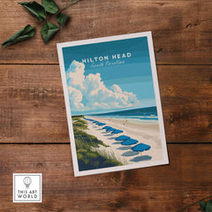 Hilton Head Wall Art Print features serene beach scene with umbrellas and clear ocean waters in South Carolina.