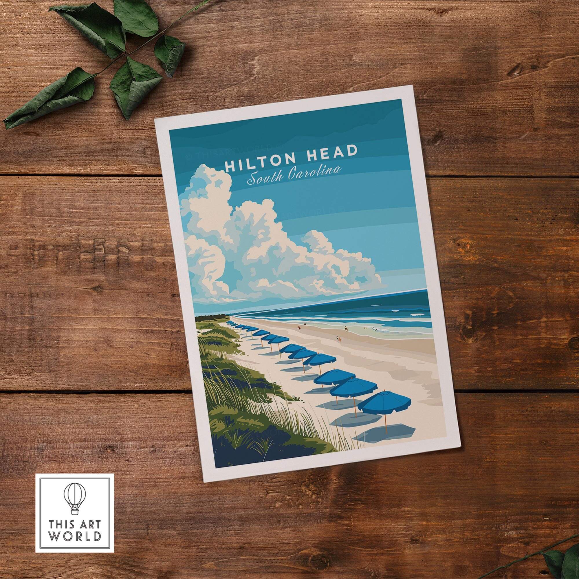 Hilton Head Wall Art Print features serene beach scene with umbrellas and clear ocean waters in South Carolina.
