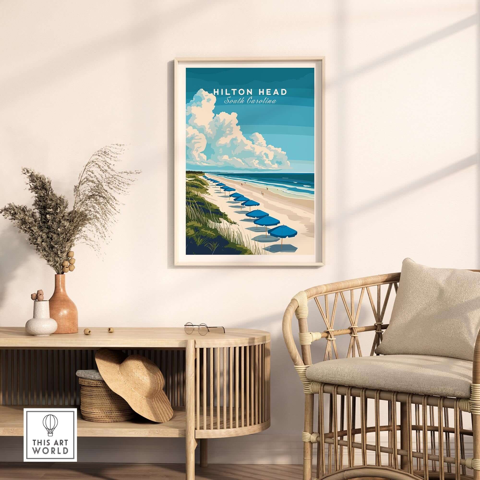 Hilton Head Wall Art Print featuring serene beach, blue umbrellas, and tropical scenery in South Carolina.