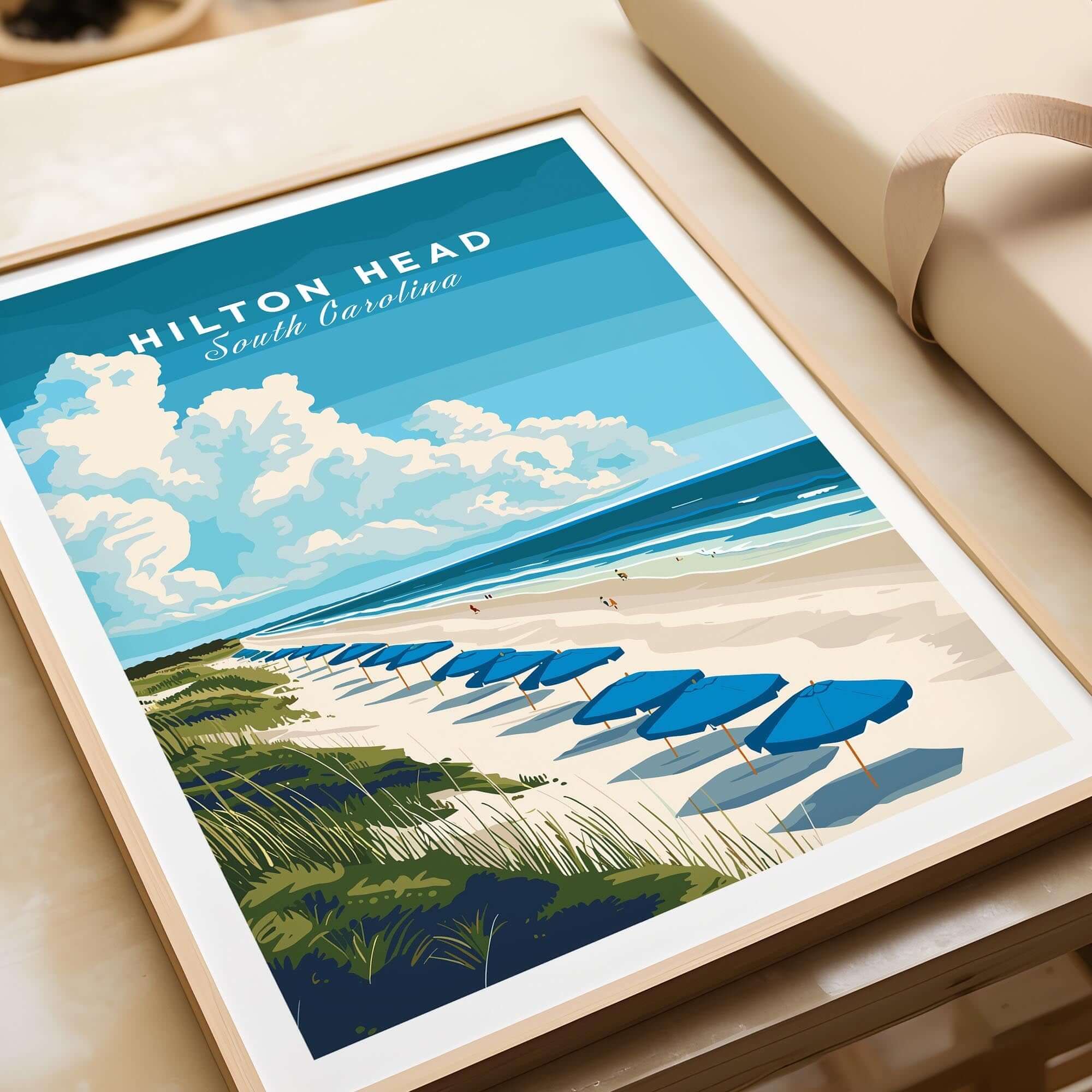 Hilton Head Wall Art Print featuring serene beach with blue umbrellas and crystal-clear ocean in South Carolina.