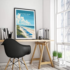 Hilton Head Wall Art Print showcasing a serene beach scene with blue skies and white sands in a stylish interior.