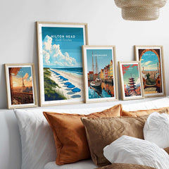 Hilton Head Wall Art Print featuring beach scene with umbrellas and travel posters on a wall.