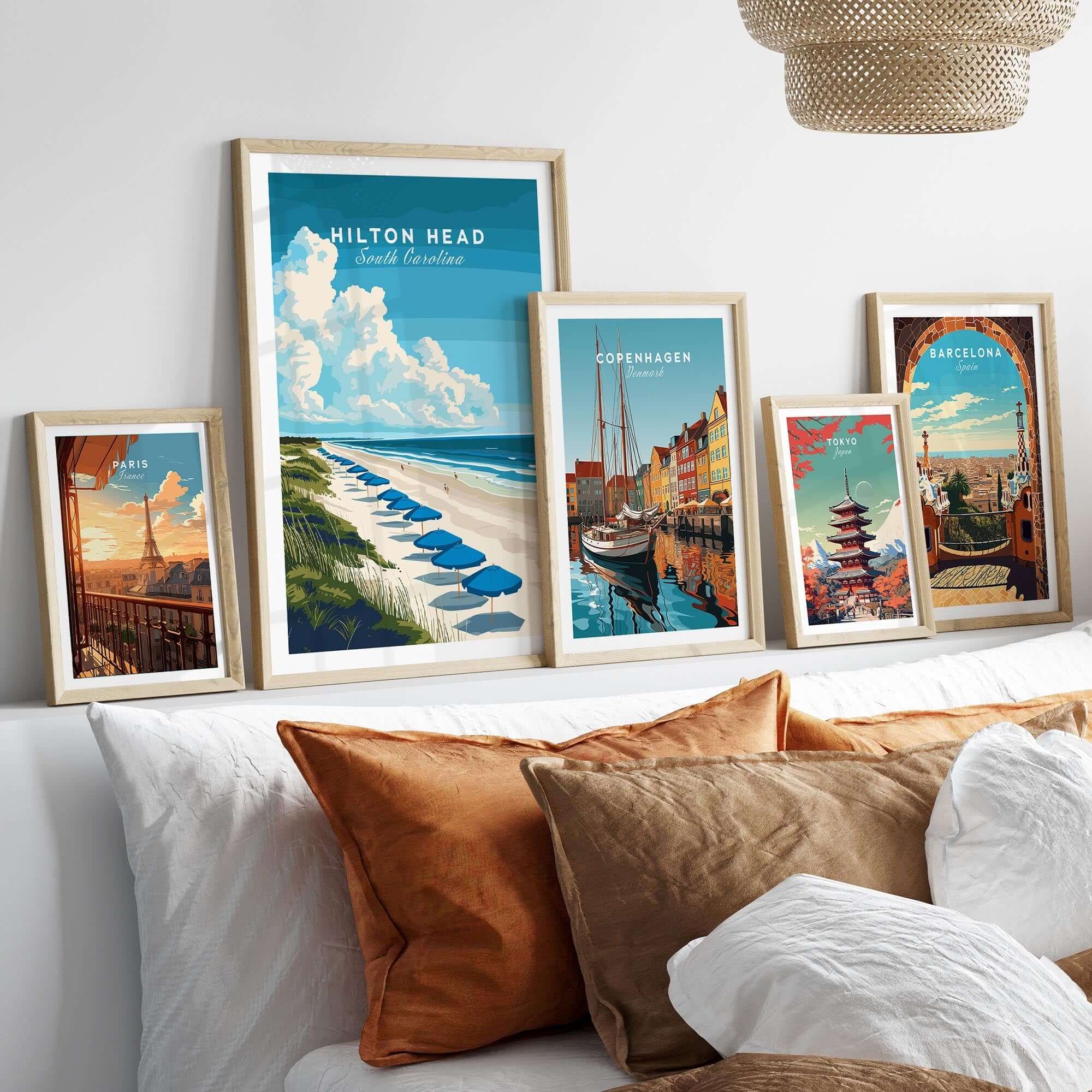Hilton Head Wall Art Print featuring beach scene with umbrellas and travel posters on a wall.