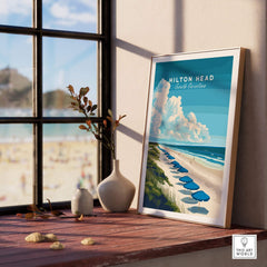 Hilton Head Wall Art Print featuring serene beach, umbrellas, and ocean view, perfect for beach lovers and home decor.