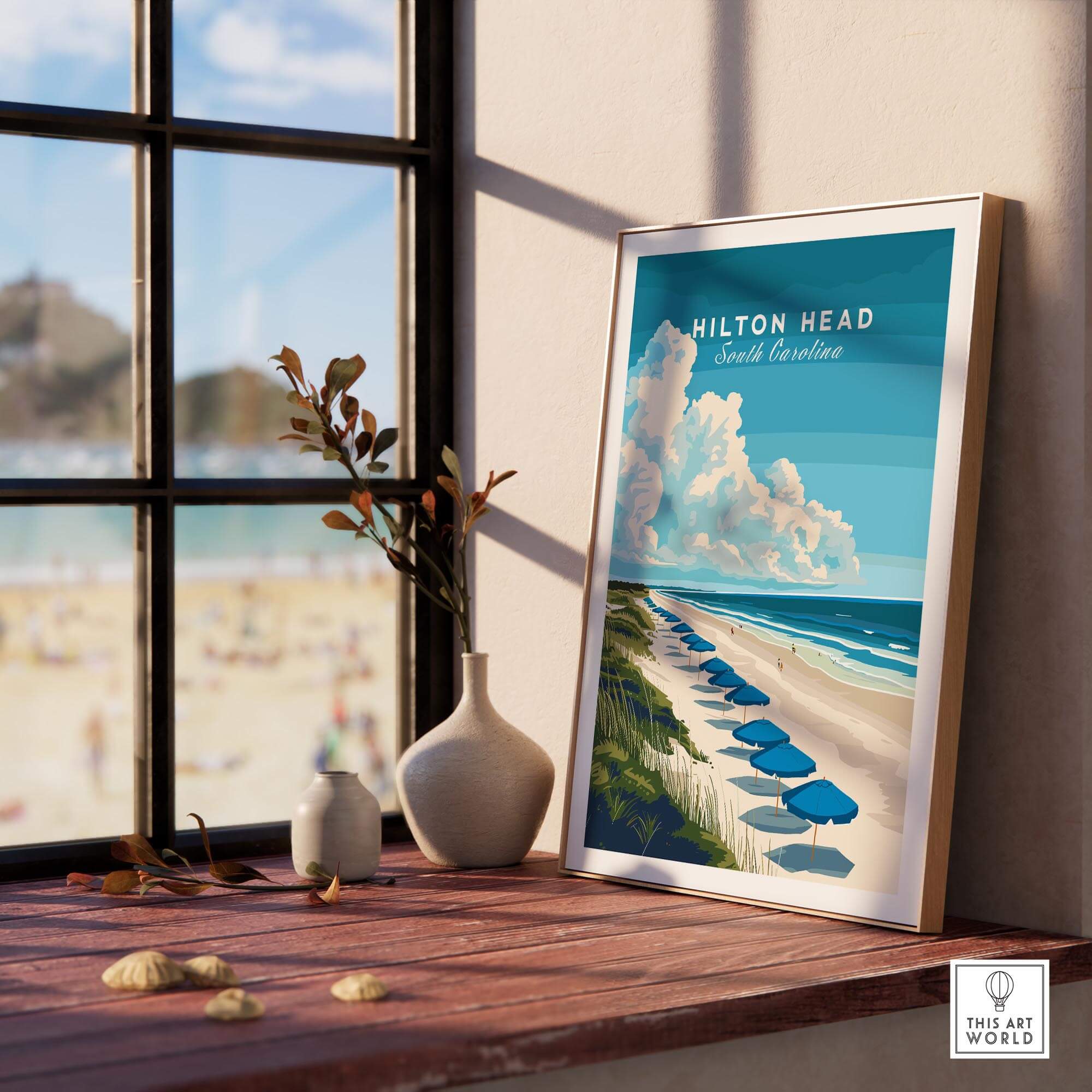 Hilton Head Wall Art Print featuring serene beach, umbrellas, and ocean view, perfect for beach lovers and home decor.