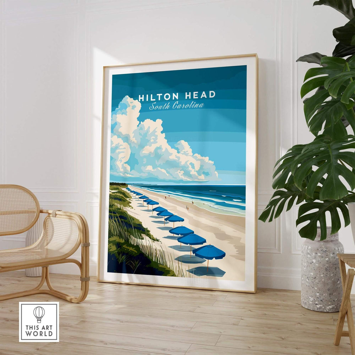 Hilton Head Wall Art Print featuring a serene beach and umbrellas in South Carolina, perfect for beach lovers.