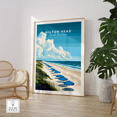 Hilton Head Wall Art Print featuring a serene beach and umbrellas in South Carolina, perfect for beach lovers.
