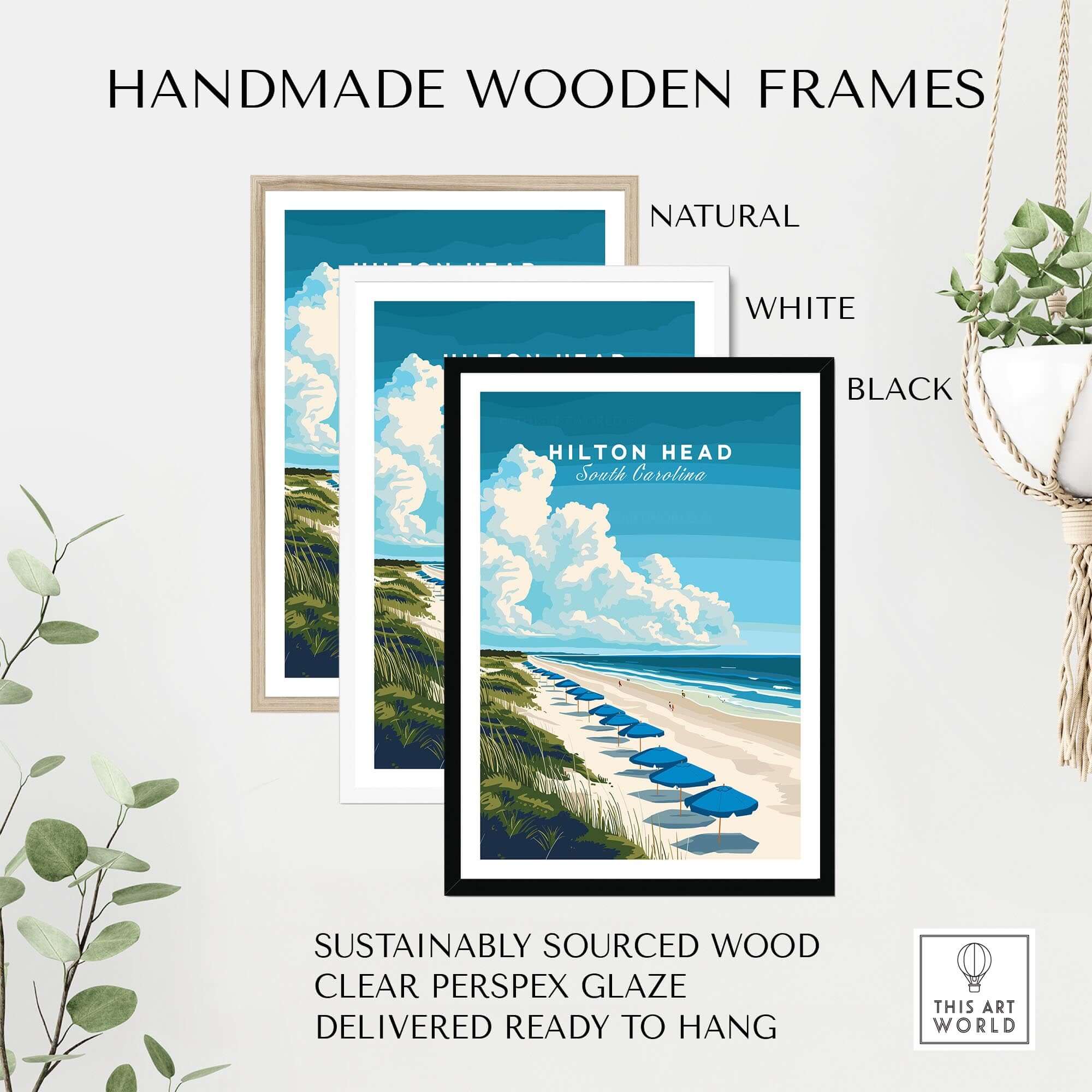 Hilton Head Wall Art Print in handmade wooden frames, showcasing serene beach and ocean view, perfect for home decor.
